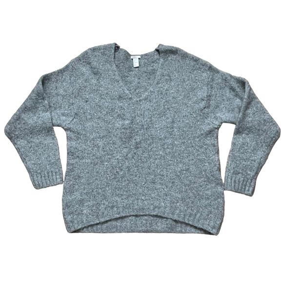 H&M Women's Gray V-Neck Long Sleeve Wool Alpaca Blend Sweater Oversized Ribbed L - Picture 2 of 7